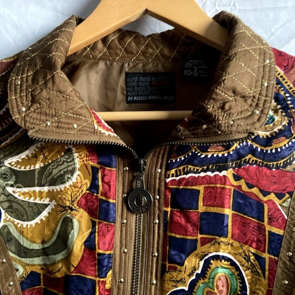 Women's Mureli Vintage Silk Print Studded Bomber Jacket Size Small - Picture 3 of 6